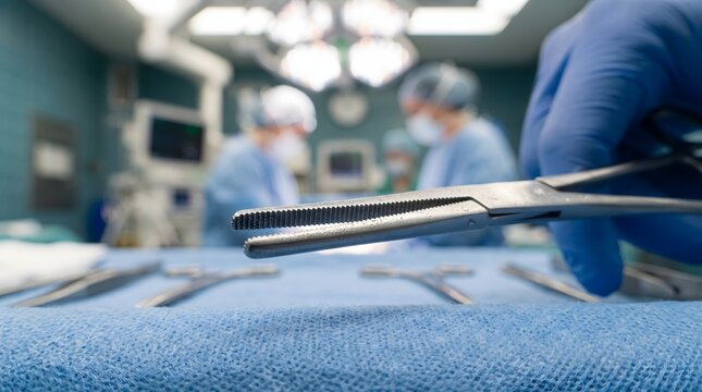 Surgeon hand in blue glove holding stainless steel surgical clamp. Sharp medical forceps in operating room, for hospital surgery.