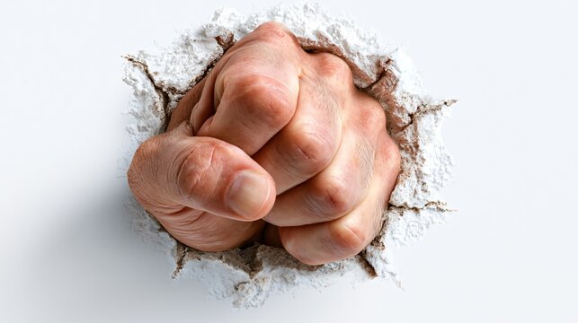 Powerful Fist Punching Through White Wall - Soft Color Background