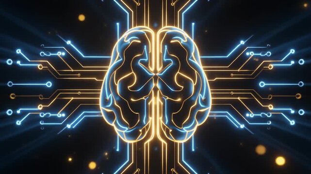 Futuristic Cybernetic Brain with Glowing Circuit Board Lines and Particles, Artificial Intelligence Motion Graphic Background 1080p