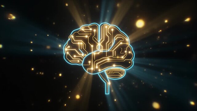 Digital Human Brain with Glowing Circuitry and Radiant Light Rays, AI Neural Network Motion Graphics Background 1080p