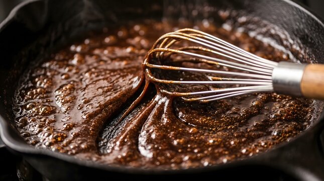 Metal wire whisk stirring dark brown roux sauce in skillet. Traditional cajun gumbo base cooking in pan, for culinary food gastronomy.