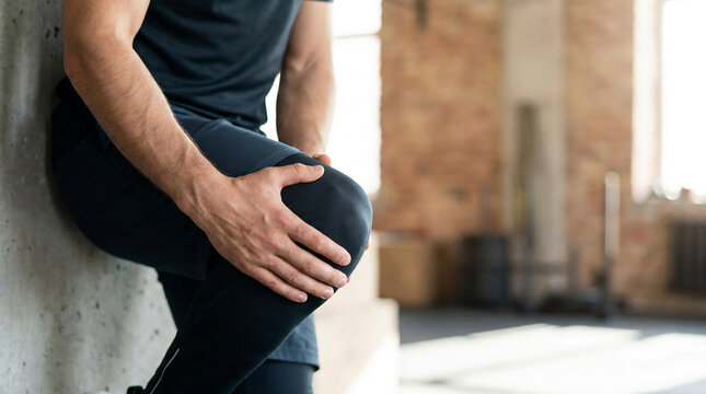Close up of a sporty man holding his painful knee after a workout session in a gym suffering from joint injury muscle strain or ligament tear during intense physical training exercise.
