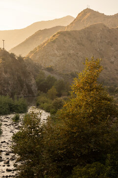 Sunset back lights trees, shrubs, and the San Gabriel River in the San Gabriel Canyon above Azusa, California, USA.