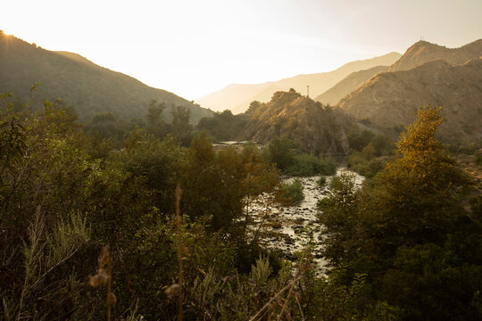 Sunset back lights trees, shrubs, and the San Gabriel River in the San Gabriel Canyon above Azusa, California, USA.