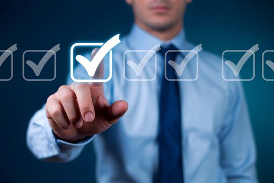 Businessman pointing finger at virtual check boxes on digital interface screen