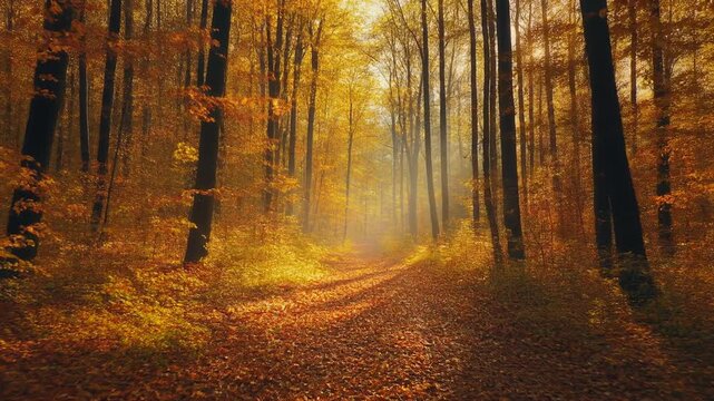 Cinematic Wide Angle Shot of Golden Autumn Forest Path with Soft Warm Sunlight and Falling Leaves, Full HD Background Loop
