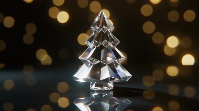 Elegant Transparent Crystal Christmas Tree Sculpture on Reflective Glass Surface with Warm Golden Bokeh Background, Luxury Holiday Decoration