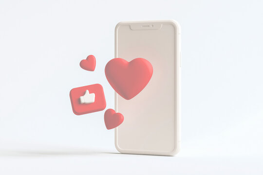 スマートフォンと赤いハートのいいねマークの半透明オーバーレイ合成用素材