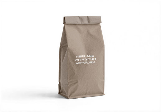 Paper bag mockup with foldable top, vertical packaging presentation on white background, template for branding, graphic design, product advertising display, print