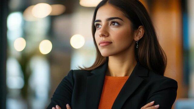 A young woman in a business suit with her arms crossed, looking ahead with a serious expression.