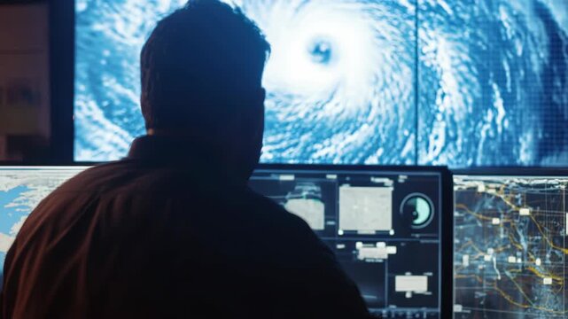 A man operating a control panel with screens displaying weather data and maps.