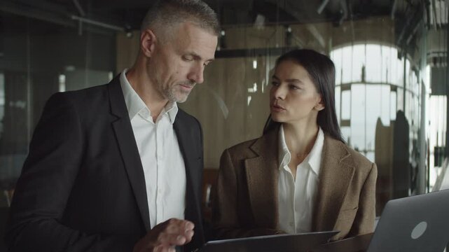 Cooperation for success. Coworker office colleague. Boss and employee. Colleague expert. Businesspeople together meeting in office. Businesspeople working on business project, 4k