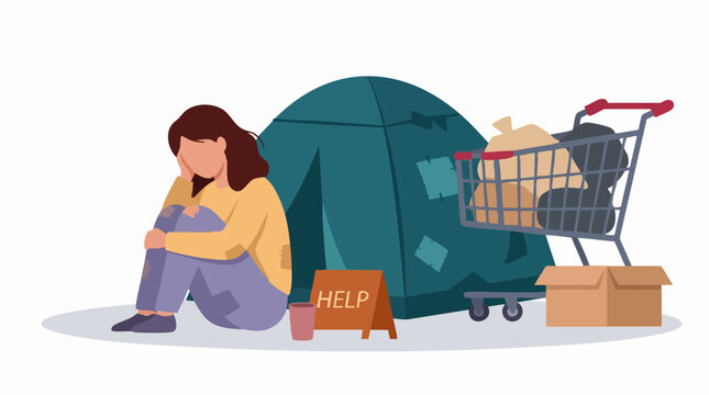 Homeless woman sitting dejectedly next to tent with shopping cart and 'HELP' sign