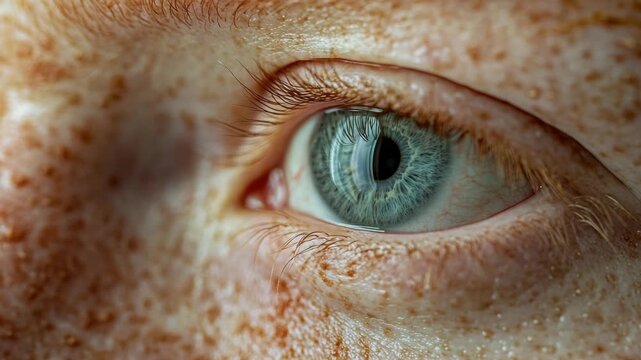 A detailed view of a person's eye with a distinctive red pattern on the eyelid.
