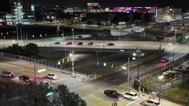 Nighttime Traffic Flows Through Downtown Detroit