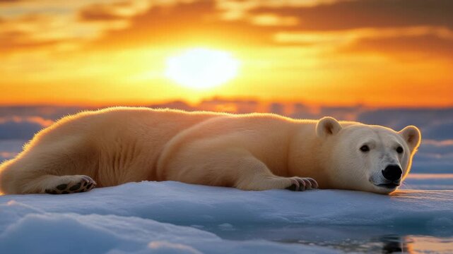 Golden sun sets behind polar bear resting on ice. Bear lies still, calm, on frozen surface. Warm glow reflects off icy terrain around it. Peaceful moment captured in Arctic wilderness