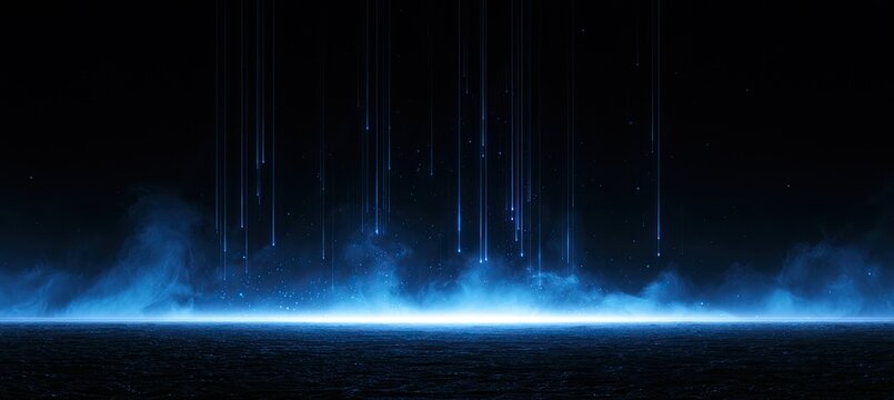Dark scene with glowing blue light, falling particles, and wispy smoke