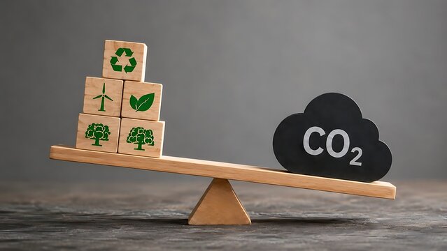 Wooden scale balancing eco icon blocks and dark CO2 cloud representing renewable energy and carbon footprint reduction