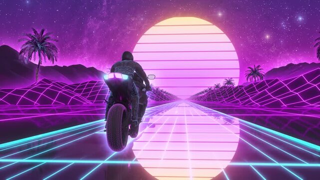 Synthwave Cyberpunk Retro Motorcycle & Rider VJ Loop Motion Background