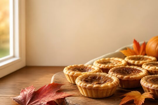 Mini Tarts on Wooden Board with Autumn Leaves