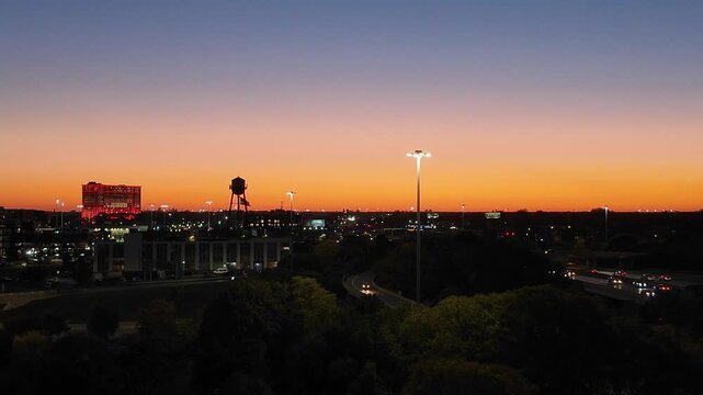 Wide Angle View of Detroit Downtown at Sunset With City Lights