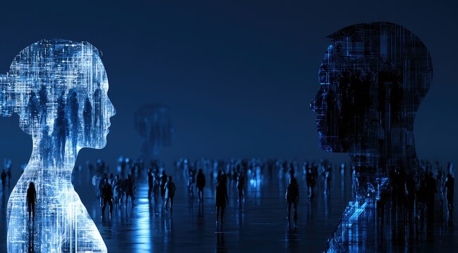 Two stylized human figures, one light, one dark, composed of digital circuit patterns, facing each other