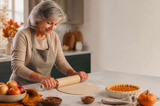 Senior woman rolling pie dough in kitchen