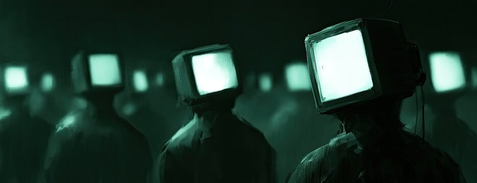 Eerie figures with glowing television screens for heads stand in darkness