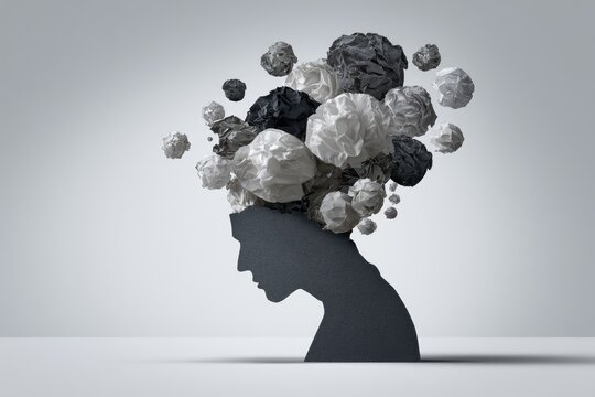 Silhouette head with crumpled paper balls exploding outwards