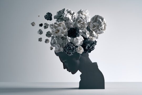 Head with crumpled paper forms exploding outwards, symbolizing thoughts or ideas