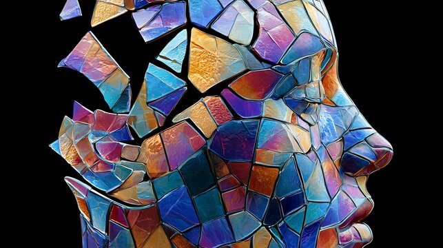 275. A psychological illustration of identity fragmentation. A human face depicted as a beautiful stained-glass window that has been broken and rearranged out of order, creating a chaotic new 