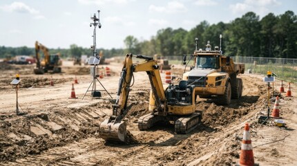 Fototapeta premium Autonomous construction site with self-driving excavator, articulated dump truck, sensor mast, cones, and telematics beacons on graded earth