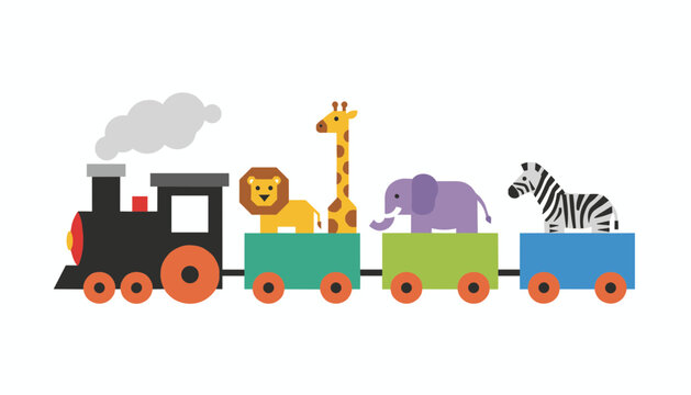 Minimalist flat vector animal train featuring a steam locomotive pulling lion, giraffe, elephant and zebra.