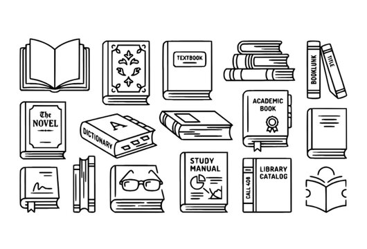 Literature book vector icon collection with educational textbooks reading and library symbols