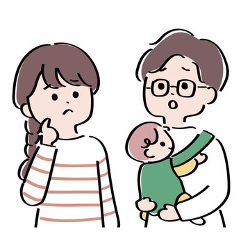 悩んでいる子育て中の若い夫婦の上半身イラスト