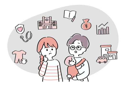 若い夫婦と子育て関連費用のイラスト