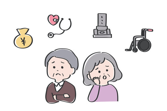 悩むシニア夫婦と老後の悩みに関するアイコンセット