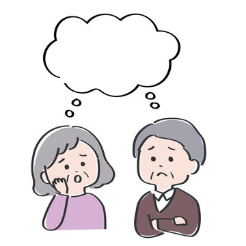 雲形の吹き出しと悩む高齢者夫婦
