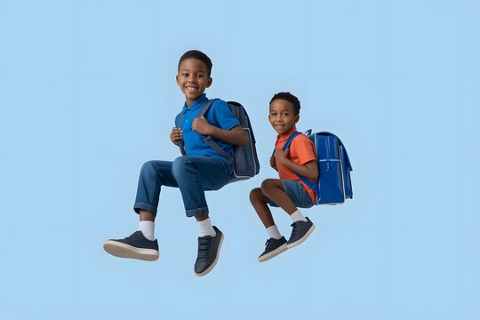 Two smiling schoolboys with backpacks ready for classes schoolboys children