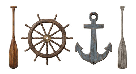Vintage nautical collection with wooden ship wheel and anchor © PNG Lab