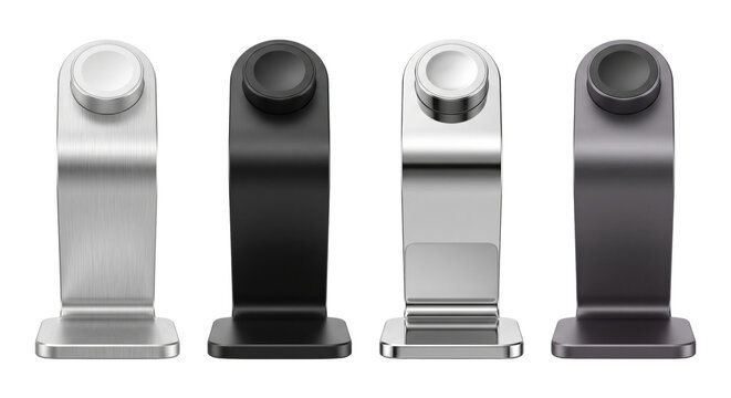 Set of modern metallic smartwatch charging stands in various finishes