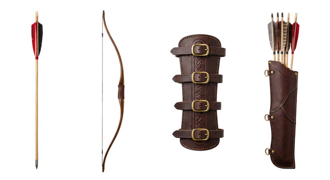 Set of traditional archery equipment including bow arrows bracer and quiver