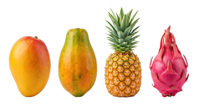 Selection of fresh tropical fruits including mango papaya pineapple and dragon fruit