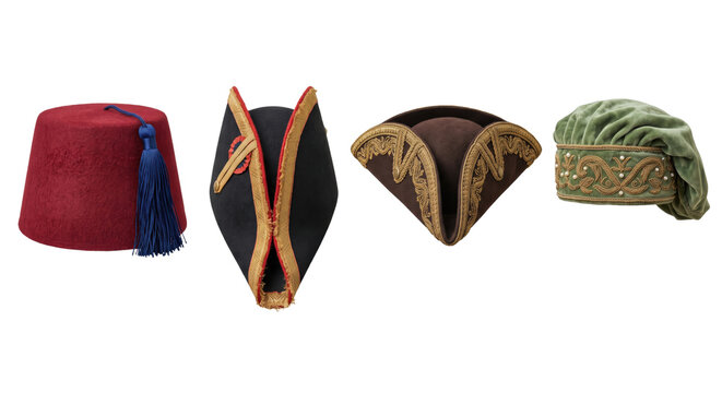 Collection of historical and traditional hats including bicorne and fez