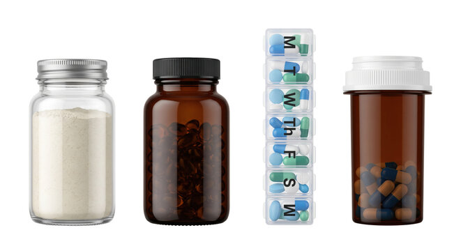 Medical supplement bottles and weekly pill organizer with capsules