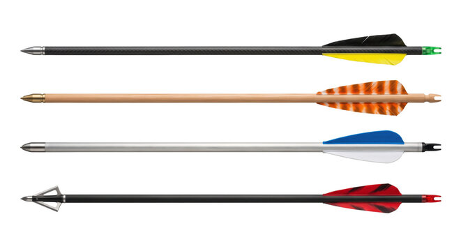 Set of modern and traditional archery arrows with varied fletching