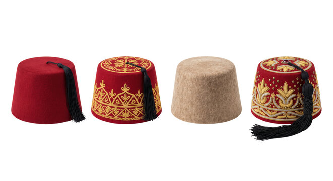 Collection of ornate traditional red velvet and felt fez hats