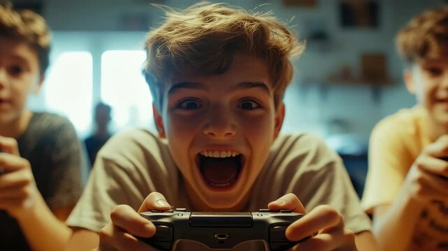 A joyful boy is engaged in a video game, holding a game controller with excitement.