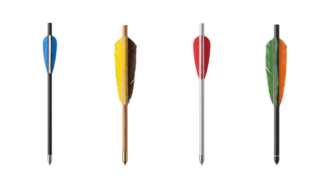 Assortment of modern and traditional target archery arrows with colored fletching