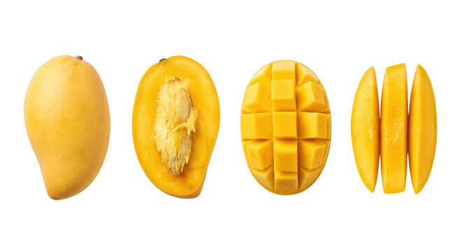 Assortment of fresh ripe yellow mango whole sliced and diced
